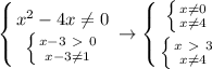 \displaystyle\left\{{{x^2-4x\neq0}\atop{\left\{{{x-3\ \textgreater \ 0}\atop{x-3\neq1}}\right}}\right\to\left\{{{\left\{{{x\neq0}\atop{x\neq4}}\right}\atop{\left\{{{x\ \textgreater \ 3}\atop{x\neq4}}\right}}\right