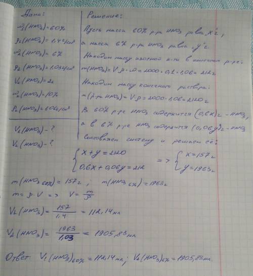 13. сколько 60%-ного (р = 1,4 г/см3) и 6%- ного (р = 1,03 г/см3) растворов азотной кислоты (в мл) не