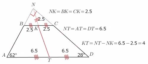 Углы при большем основании трапеции равны 28 и 62 . основания трапеции равны 5 и 13. чему равен отре