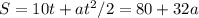 S = 10 t+ at^2/2 = 80+32a