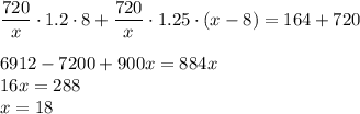 \displaystyle&#10;\frac{720}{x}\cdot1.2\cdot8+\frac{720}{x}\cdot1.25\cdot(x-8) = 164+720\\\\&#10;6912 - 7200+ 900x = 884x\\&#10;16x = 288\\&#10;x = 18