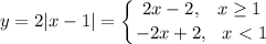 y=2|x-1|=\displaystyle \left \{ {{2x-2,\,\,\,\,\, x \geq 1} \atop {-2x+2,\,\,\,\, x\ \textless \ 1}} \right.