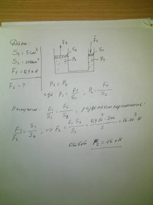 Площадь меньшего поршня гидравлического подъёмника 1 s  5см2, а большего 200 см2. на меньший поршен