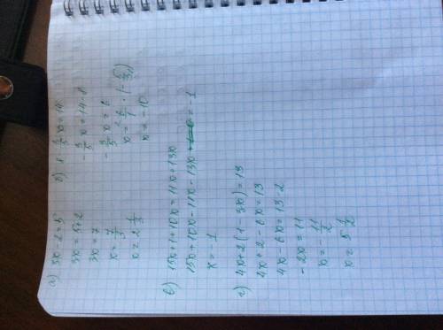 Решите уравнения: а) 3x-2=5 б) 8-3/5x=14 г) 15x+1+10x=11x+13x е) 4x+2(1-3x)=13