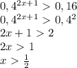 0,4^{2x+1}\ \textgreater \ 0,16 \\ 0,4^{2x+1}\ \textgreater \ 0,4^2 \\ 2x+1\ \textgreater \ 2 \\ 2x\ \textgreater \ 1 \\ x\ \textgreater \ \frac{1}{2}