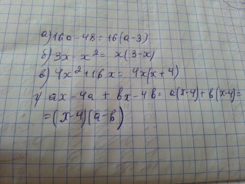 Представьте многочлен в виде произведения: а)16а-48 б)3х-х^2 в)4х^2+16х г)ах-4а+бх-4б