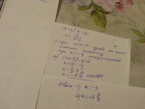При каком значении а (а+3)х=2 1)не имеет корней 2)имеет корень равный 6