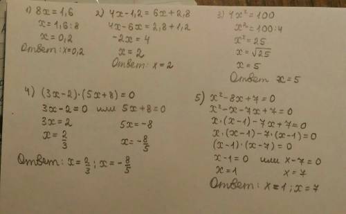 8x=1,6 4x-1,2=6x+2,8 4x²=100 (3x-2)•(5x+8)=0 x²-8x+7=0