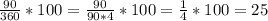 \frac{90}{360}*100= \frac{90}{90*4}*100= \frac14*100=25