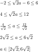 -2 \leq \sqrt{2}a-6 \leq 6\\\\&#10;4 \leq \sqrt{2}a \leq 12\\\\&#10;\frac{4}{\sqrt{2}} \leq a \leq \frac{12}{\sqrt{2}}\\\\&#10;2\sqrt{2} \leq a \leq 6\sqrt{2}\\\\&#10;a \in [2\sqrt{2}; 6\sqrt{2}]