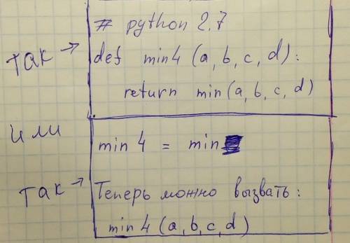 Для питона напишите функцию min4(a, b, c, d), вычисляющую минимум четырех чисел, которая не содержит