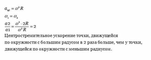 Две материальные точки движутся по окружности с радиусами r1=r и r2=2r с одинаковыми частотами обращ