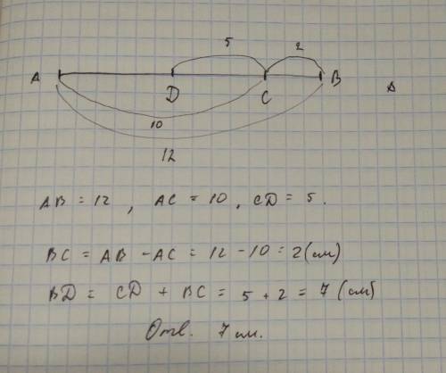 На отрезке ав длиной 12 см взяты точки с так что ас=10 см и точки d так что cd=5 см найти вd
