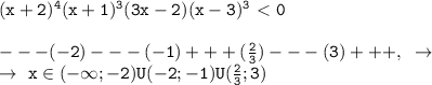 \mathtt{(x+2)^4(x+1)^3(3x-2)(x-3)^3\ \textless \ 0}\\\\\mathtt{---(-2)---(-1)+++(\frac{2}{3})---(3)+++,~\to}\\\mathtt{\to~x\in(-\infty;-2)U(-2;-1)U(\frac{2}{3};3)}