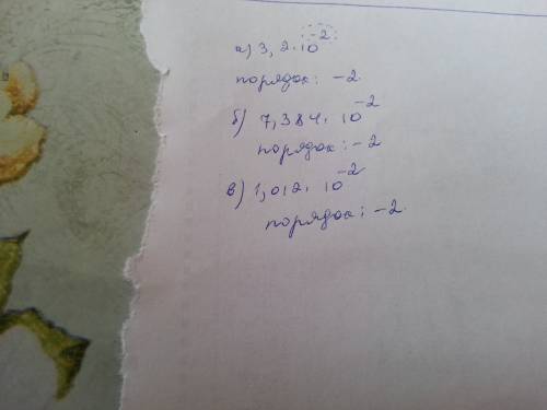 Назовите порядок числа представленного в стандартном виде: а) 3,2 * 10^-2 б) 7,384 * 10^-2 в) 1,012