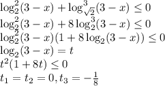 \log^2_2(3-x)+\log^3_{\sqrt{2}}(3-x) \leq 0\\ \log^2_2(3-x)+8\log^3_2}(3-x) \leq 0\\ \log^2_2(3-x)(1+8\log_2(3-x)) \leq 0\\ \log_2(3-x) = t\\ t^2(1+8t) \leq 0\\ t_1=t_2=0,t_3=-\frac{1}{8}\\
