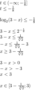 t \in (-\infty;-\frac{1}{8}]\\&#10;t \leq -\frac{1}{8}\\\\&#10;\log_2(3-x) \leq -\frac18\\\\&#10;3-x \leq 2^{-\frac18}\\&#10;3-x \leq \frac{1}{\sqrt[8]2}\\&#10;-x \leq \frac{1}{\sqrt[8]2}-3\\&#10;x \geq 3-\frac{1}{\sqrt[8]2}\\\\&#10;3-x \ \textgreater \ 0\\&#10;-x \ \textgreater \ -3\\&#10;x \ \textless \ 3\\\\&#10;x \in [3-\frac{1}{\sqrt[8]2};3)\\