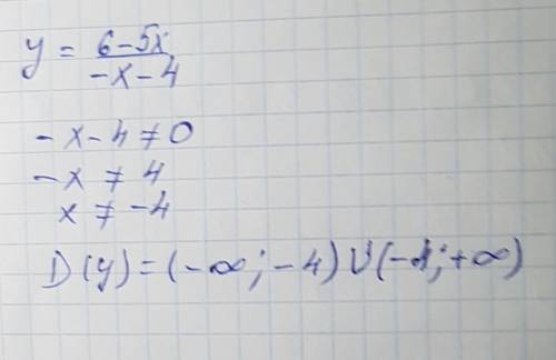 Найдите область определения функции y=6-5x/-x-4