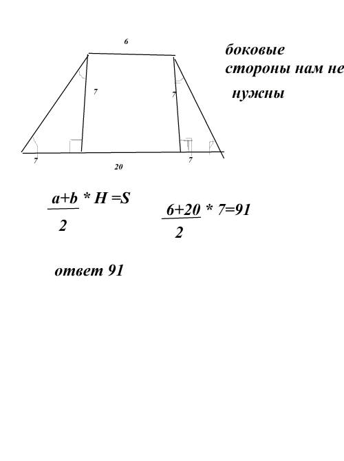 Основы трапеции 6 и 20 см, а боковые стороны 13 и 15 см. найти площадь трапеции