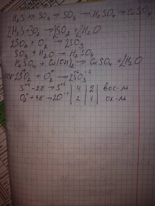 Осуществите превращение . для одной овр составить электронный . h2s - so2 - so3 - h2so4 - cuso4.