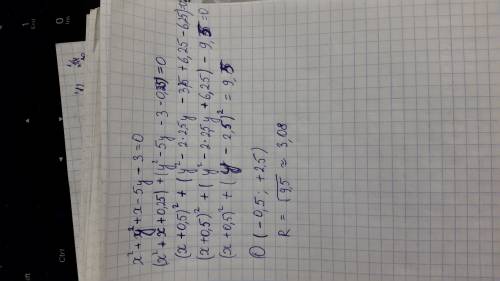 Найти координаты центра и радиус окружности заданной уравнением: x^2+y^2+x-5y-3=0