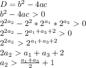 D = b^2-4ac\\&#10;b^2-4ac \ \textgreater \ 0\\&#10;2^{2a_2} - 2^2*2^{a_1}*2^{a_3} \ \textgreater \ 0\\&#10;2^{2a_2} - 2^{a_1+a_3+2} \ \textgreater \ 0\\&#10;2^{2a_2} \ \textgreater \ 2^{a_1+a_3+2} \\&#10;2a_2\ \textgreater \ a_1+a_3+2\\&#10;a_2 \ \textgreater \ \frac{a_1+a_3}{2}+1\\