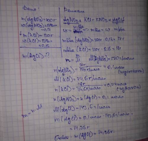 При взаимодействии 100 грамм 17% нитрата серебра и 120 грамм 15% хлорида калия выделился осадок найт