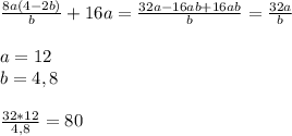 \frac{8a(4-2b)}{b}+16a= \frac{32a-16ab+16ab}{b} = \frac{32a}{b} \\ \\ &#10;a=12 \\ b=4,8 \\ \\ \frac{32*12}{4,8}=80