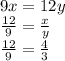 9x = 12y \\ \frac{12}{9} = \frac{x}{y} \\ \frac{12}{9} = \frac{4}{3}