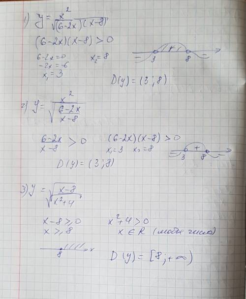 Найдите область определения: y=x^2/√(6-2x)/x-8 y=√(x-8)/√(x^2+4)