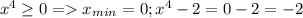 x^{4} \geq 0 = x _{min} =0; x^{4} -2=0-2=-2