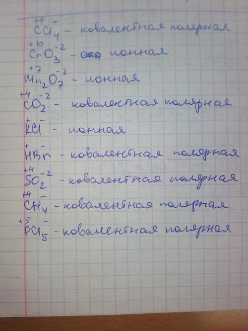 Определите тип связи и степень окисления каждого атома в соединении. вариант – 1 ccl4 , cro3 , mn2o7