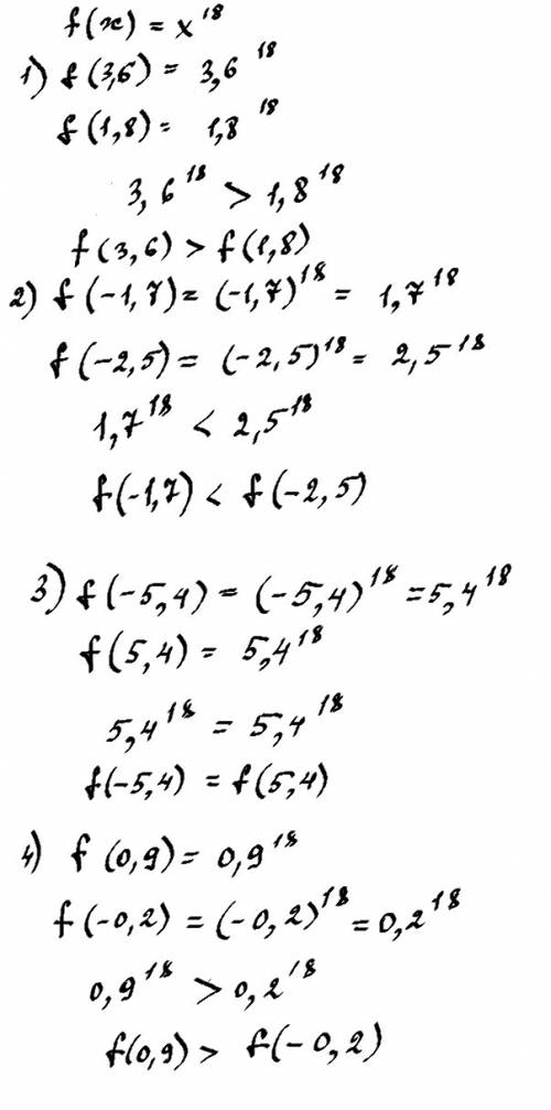 Функция задана формулой f(x)= сравните : 1) f (3.6) и f (1.8) 2)f (-1.7) и f (-2.5) 3)f (-5.4) и f (