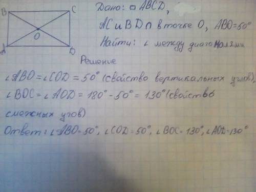 Диагонали прямоугольника abcd пересекаются в точке o.найдите угол между диагоналями,если угол abo=50