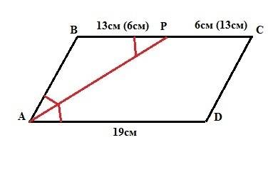 Биссектриса параллелограмма делит противолежащую сторону на части 13 см и 6 см. найти периметр парал