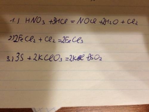 1) hno3 +hcl=nocl+h2o+cl2 2) fecl2+cl2=fecl3 3) s+kclo3=kcl+so2 расставить коэффициенты методом элек