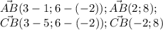 \vec{AB} ( 3-1; 6-(-2));\vec{AB}(2;8);\\\vec{CB} (3-5;6-(-2)); \vec{CB}(-2;8)