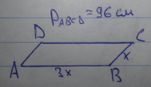 1.найдите стороны параллелограмма авсд, если его периметр равен 96 см, а сторона ав больше вс в 3 ра