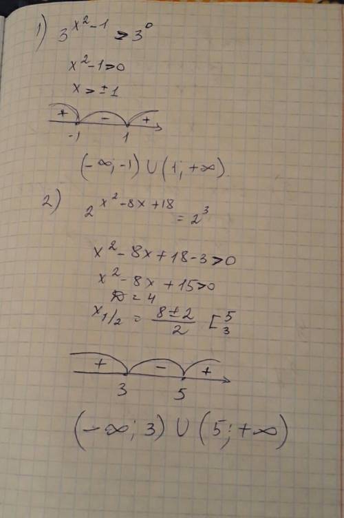 Решить показательные неравенства 1) 3^(x^2-1)> 1 2) 2^(x^2-8x+18)> 8