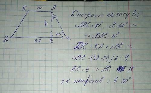 Найдите боковую сторону равнобедренной трапеции, основания которой рааны 14 дм и 32 дм, а один из уг