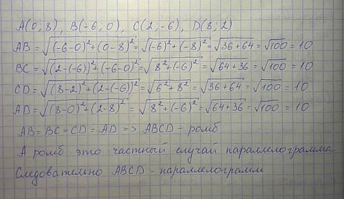 Дан четырехугольник авсд с вершинами а(0,8) в(-6,0) с(2; -6)д(8,2) доказать что данный четырехугольн