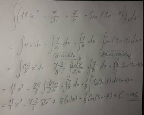 Первообразная для следующей функции: 18x⁴ - 7/√3x + 7/x - sin(9x-4)