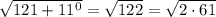 \sqrt {121+11^0}=\sqrt {122}=\sqrt {2\cdot 61}