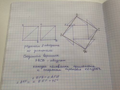 Из трёх равных между собой квадратов, разрезая их на части, составьте новый квадрат.