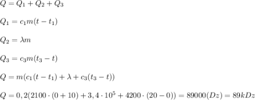 Q=Q_1+Q_2+Q_3\\ \\Q_1=c_1m(t-t_1)\\ \\Q_2=\lambda m\\ \\Q_3=c_3m(t_3-t)\\ \\Q=m(c_1(t-t_1)+\lambda+c_3(t_3-t))\\ \\Q=0,2(2100\cdot (0+10)+3,4\cdot 10^5+4200\cdot (20-0))=89000(Dz)=89kDz