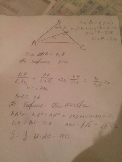 Косинус угла при вершине равнобедренного треугольника равен 0.8, а высота, опущенная на боковую стор