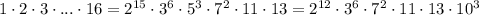 1\cdot 2\cdot 3\cdot ...\cdot 16=2^{15}\cdot 3^6\cdot5^3\cdot 7^2\cdot 11\cdot 13=2^{12}\cdot 3^6\cdot 7^2\cdot 11\cdot 13\cdot 10^3