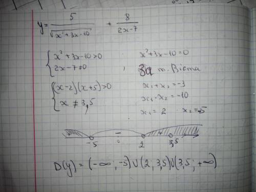 У=5/√(х^2+3х-10) + 8/(2х-7) знайдіть область визначення функції .