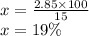 x = \frac{2.85 \times 100}{15} \\ x = 19\%