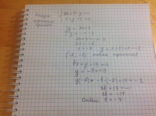 При каком значении b прямые 2x-y+3=0, x+y+3=0 и bx+y-13=0 пересекаются в одной точке